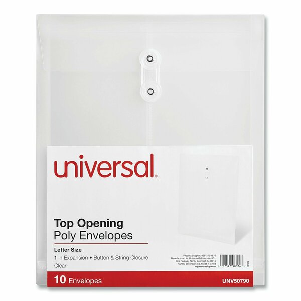 Universal Top Opening Poly Envelopes, 1.25 in. Expansion, Letter Size, Clear, 10PK UNV50790
